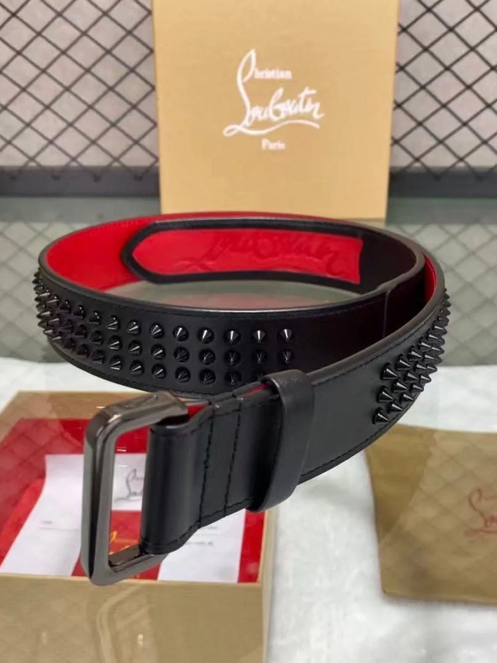 NEW-Christian Louboutin LOUBI Belt (Black Exterior with Red Lining) Calf Leather